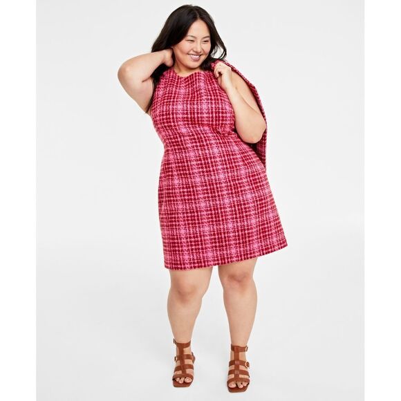 NWT On 34th Plus Size‎ Tweed Mini Sheath Dress Pink Plaid 14W - Picture 1 of 10